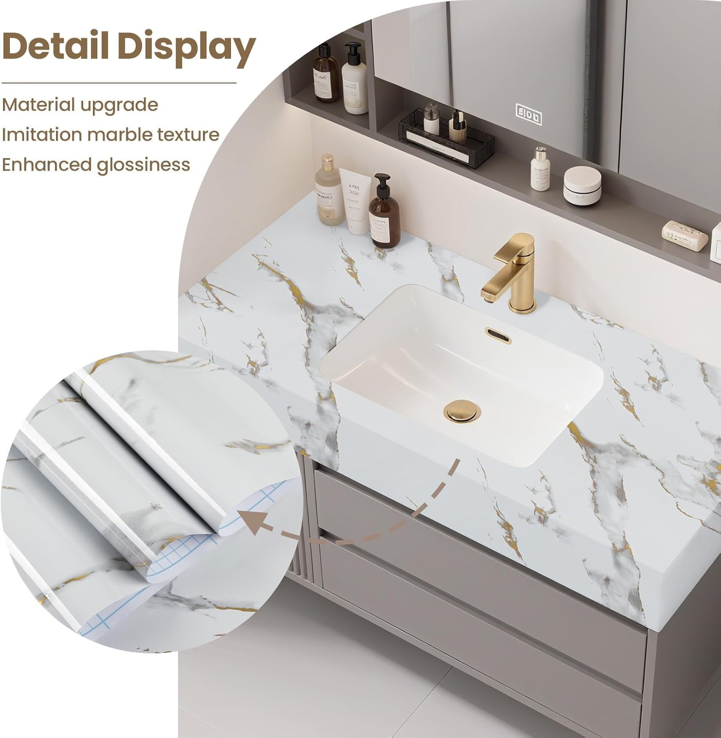 MaxxMarket Glossy Marble Wallpaper Peel and Stick White/Gold Granite Contact Paper Removable Wall Paper for Kitchen Countertop Cabinet Furniture 17.7" x 78.7"