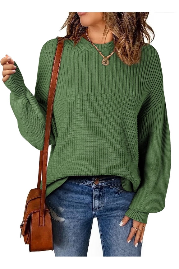 Women Sweaters 2025 Oversized Casual Crewneck Pullover Sweaters Long Sleeve Cable Knit Lightweight Pullover Tops Green