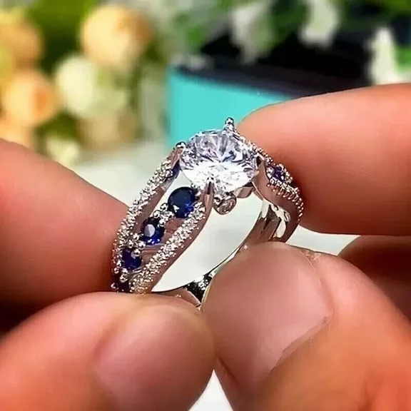 3Ct Round Cut Lab Created Diamond & Sapphire Wedding Ring 14k White Gold Plated 925 Sterling Silver For Her