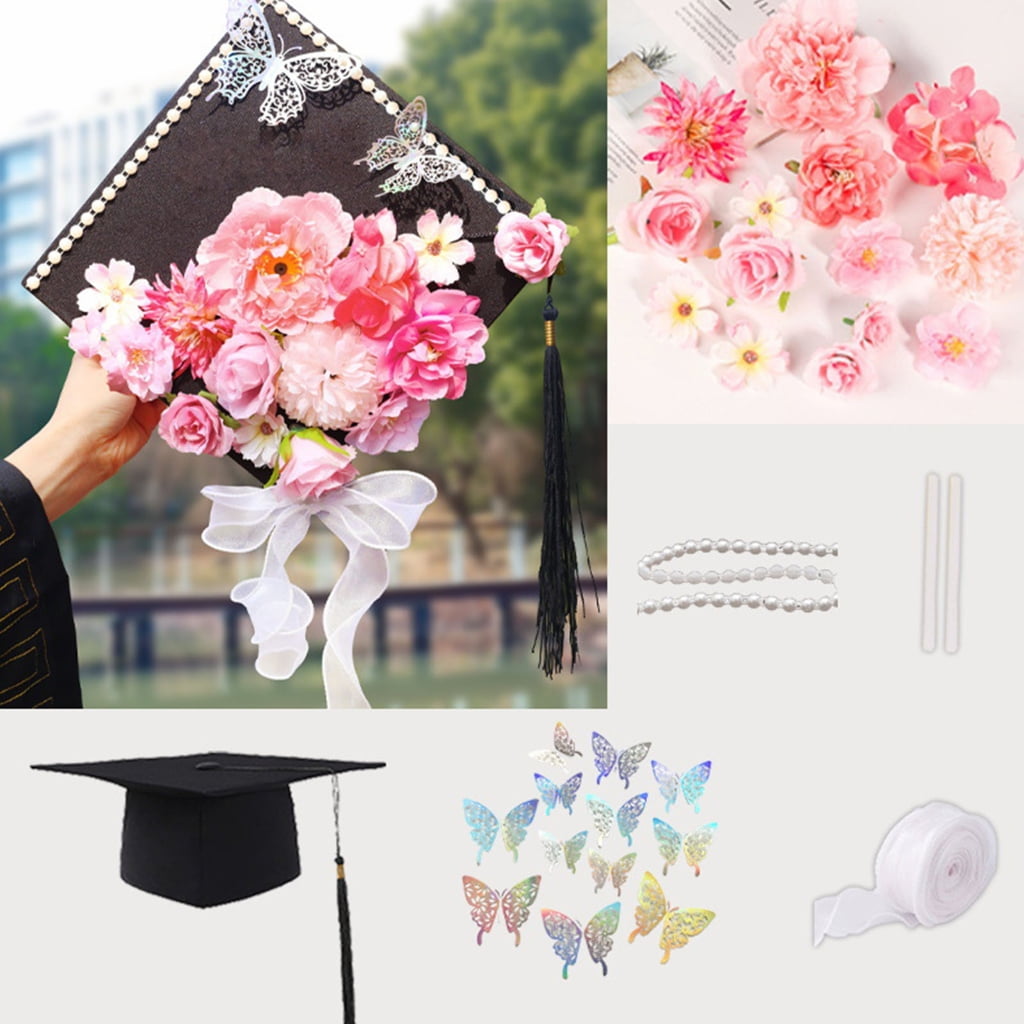 Graduation Hat Embellishment Set With Artificial Flower Butterfly Sticker Pearls