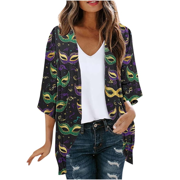 Camisetas de Manga Larga de Mujer Estilo Casual Impresión de Gasa 3/4 Manga Cardigan Top de Protección Solar para Primavera Verano