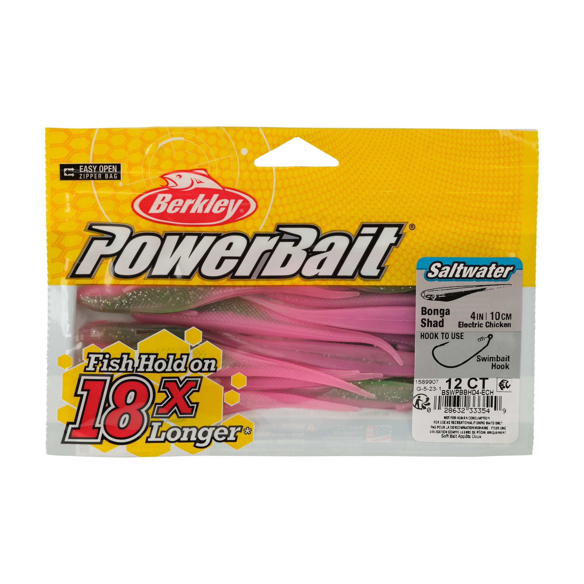 Berkley PowerBait® Saltwater Bonga Shad, 4 in, Jerkbaits, Electric Chicken (12-count)