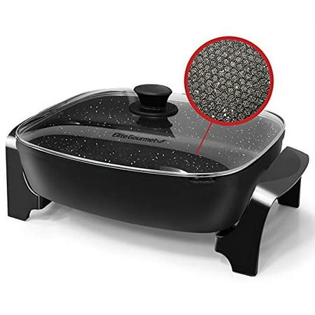 Elite Gourmet EG6203 Extra Deep 16 x13 x3.2 (10.5Qt.) Scratch Resistant Easy Pour Spout Dishwasher Safe Non-stick Electric Skillet with Glass Vented Lid Adjustable Temperature Black