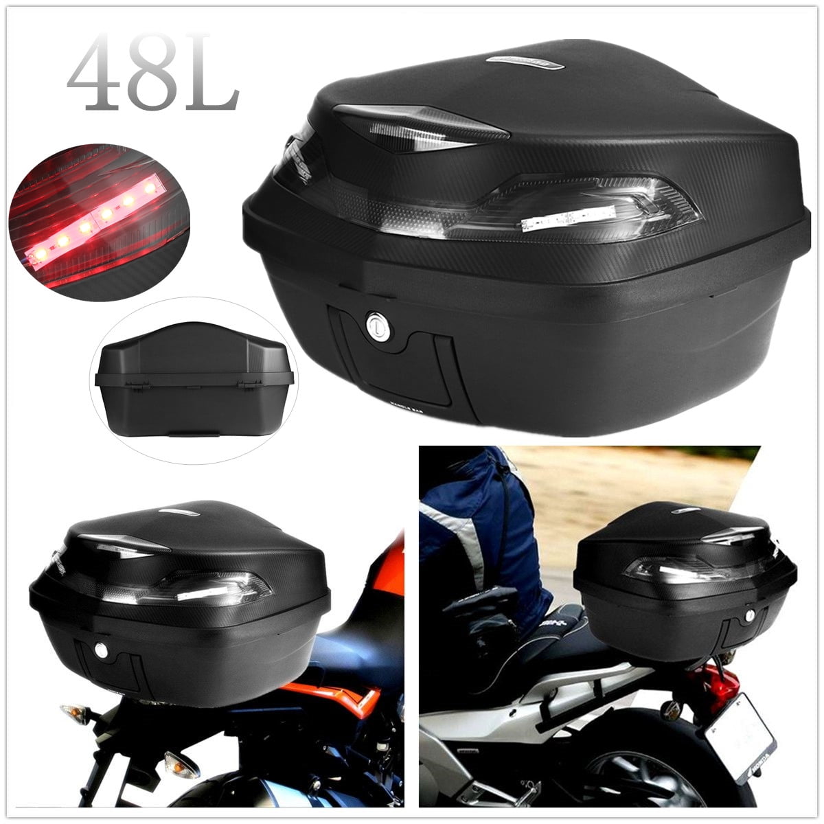 ZHANGAO 48L Motorcycle Scooter Top Box Topbox Rear Luggage Storage W/LED Light Universal Decorative lights