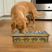 Angle View: Wooden Pet Double Diner with Stainless Steel Bowls - Rustic Brown - Small