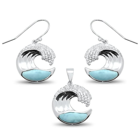 Natural Larimar Clear Cubic Zirconia Ocean Wave Earrings Pendant Set Sterling Silver