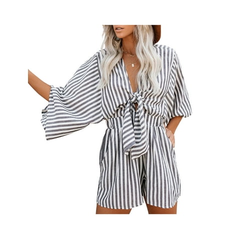 

Women Boho Casual Summer Romper Floral Print One Piece Overalls Long Sleeve Deep V-Neck Short Jumpsuit