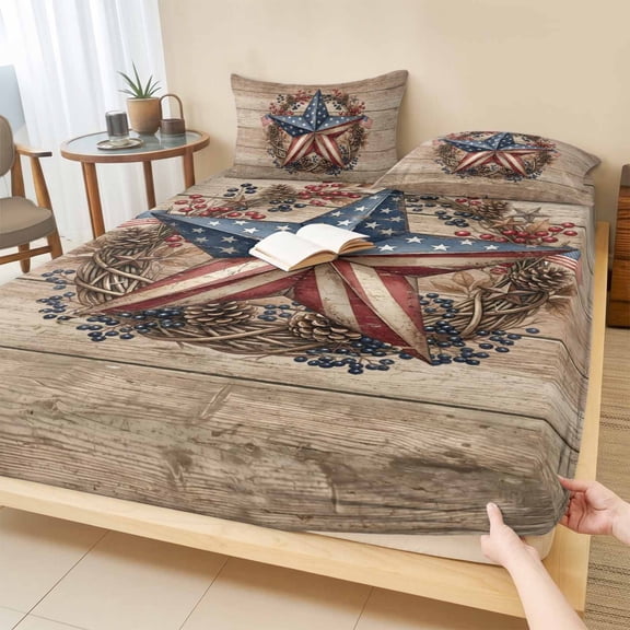 Full Size Fitted Sheet Set - Wooden Star Vintage 3 Piece Bedding Sets 16" Deep Pocket Fitted Sheet with 2 Pillowcases Country American Flag Star Rustic Brushed Microfiber Hotel Luxury Bed Sheets