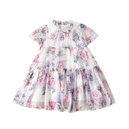 

Tulle Gown Toddler Girls Dress Summer Short Sleeve Fashion Floral Prints Small Fresh Style Dress Princess Dress Casual Dress