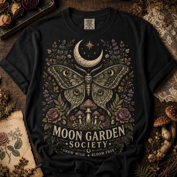 Moon Garden Society Gothic Moth Shirt, Vintage Luna Moth Floral Tee, Celestial Cottagecore Botanical T-Shirt, Dark Academia Gift