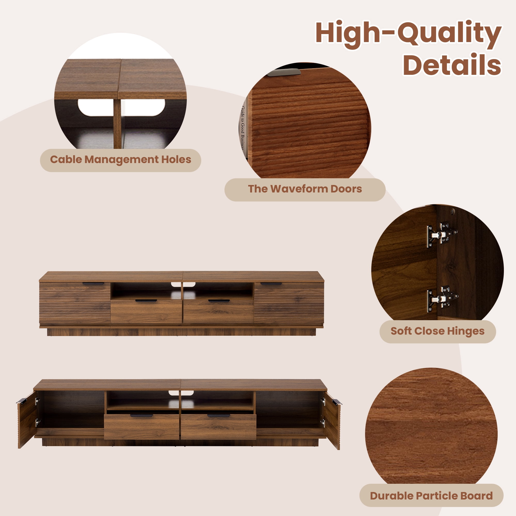 TV Stand for TVs up to 85 Inch, Entertainment Center with Wave-Pattern Doors & 2 Deep Drawers, Media Console with Soft-Close Hinges for Living Room