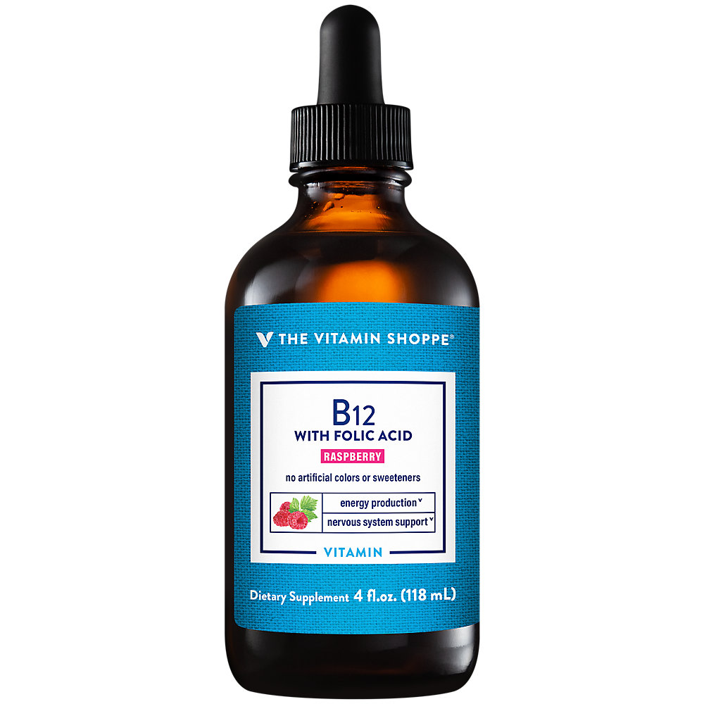 Liquid Vitamin B12 with Folic Acid Raspberry Flavor, Supports Energy