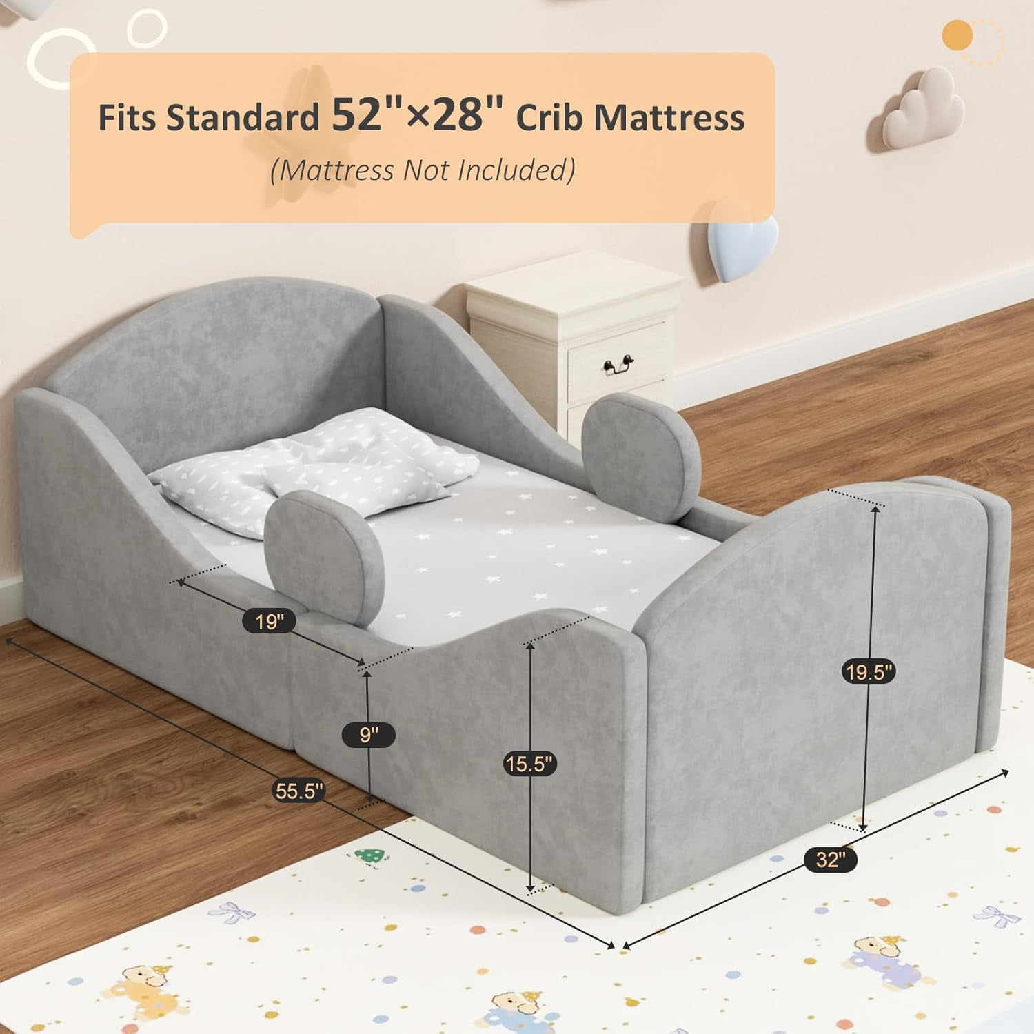 Toddler floor bed with removable safety rails, suitable for both boys and girls, standard crib size, soft-padded safety mattress, low-profile design (Grey).