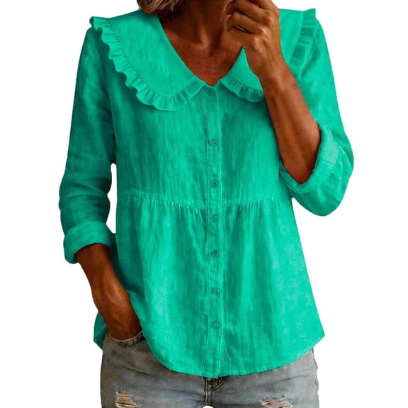 QASIEATN Womens Collar Long Sleeve Button Down Shirts Cotton Blend Casual Solid Color Shirts