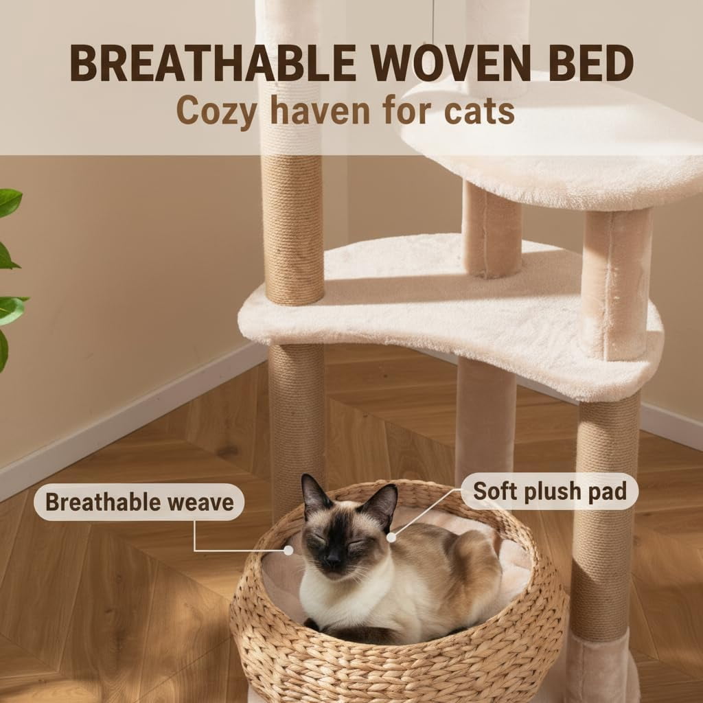 WSWJY Modern Cat Tree, 65 Inch Tall Cat Tower with Jute Scratching Posts, Dangling Balls, Cattail Basket Bed & Top Perch, Removable & Washable Cushions, Aesthetic Cat Tree for Indoor Cats