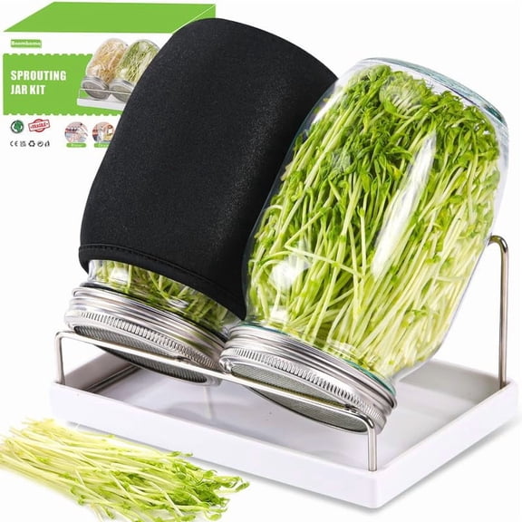 Sprouting Jar Kit 2Pcs Large Wide MVR1 Mouth Mason Jars With Screen Sprout Lid,Sprouting Jar Stand,Tray,Blackout Sleeves,-Seed Sprouting Kit For Growing Mung beans,Broccoli And So On