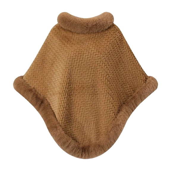 UTSJKR Women's Solid Woven Texture Faux Fur Trim Poncho Cape, Fall Winter Warm Soft Shawl Cloak, Loose Outerwear for Ladies Daily Cold‑Weather Wear Brown