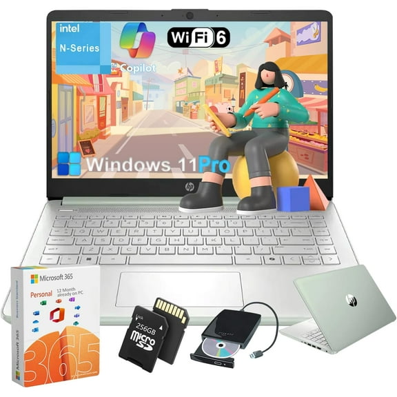 HP Student Business Laptop Computer - w/1 Year Office 365, 16GB RAM, 128GB UFS & 256GB Extend Micro SD & 1TB Cloud, Intel 4-Core Processor, HD Display, Windows 11 Pro(Green)