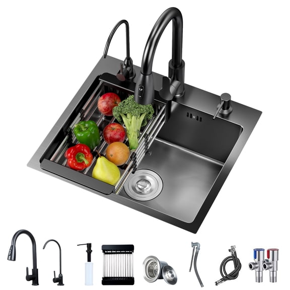 SUSUchens Kitchen Sink, Black Drop-in Dishwash Sink, Stainless Steel Single Bowl Sink, Kitchen Sink Faucet Combo Set, Corner Kitchen Workstation Sink _Black