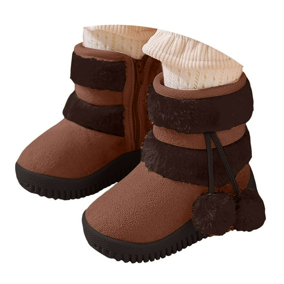 Dakaela Kids Girls Boys Winter Snow Boots 3T 4T 5T Suede Fleece Lined Mid Calf Booties Toddler Outdoor Walking Shoes with Pompom Coffee 7.5