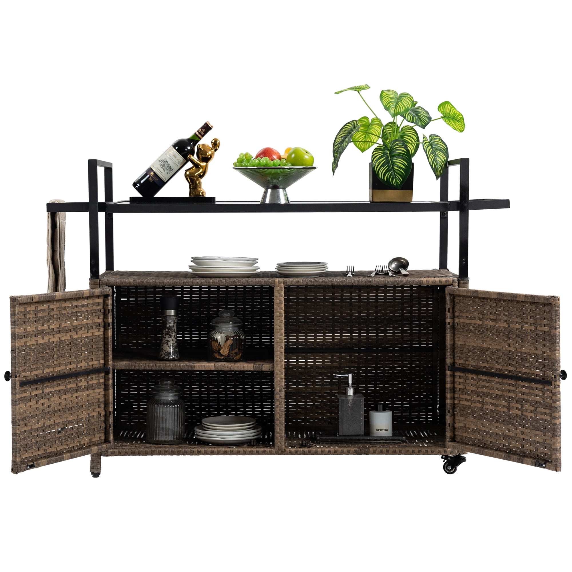 Euroco Outdoor Bar Serving Cart with Glass Top, 2-Tier Storage, Durable Metal Frame, 360° Lockable Wheels, Patio Beverage & Utility Trolley