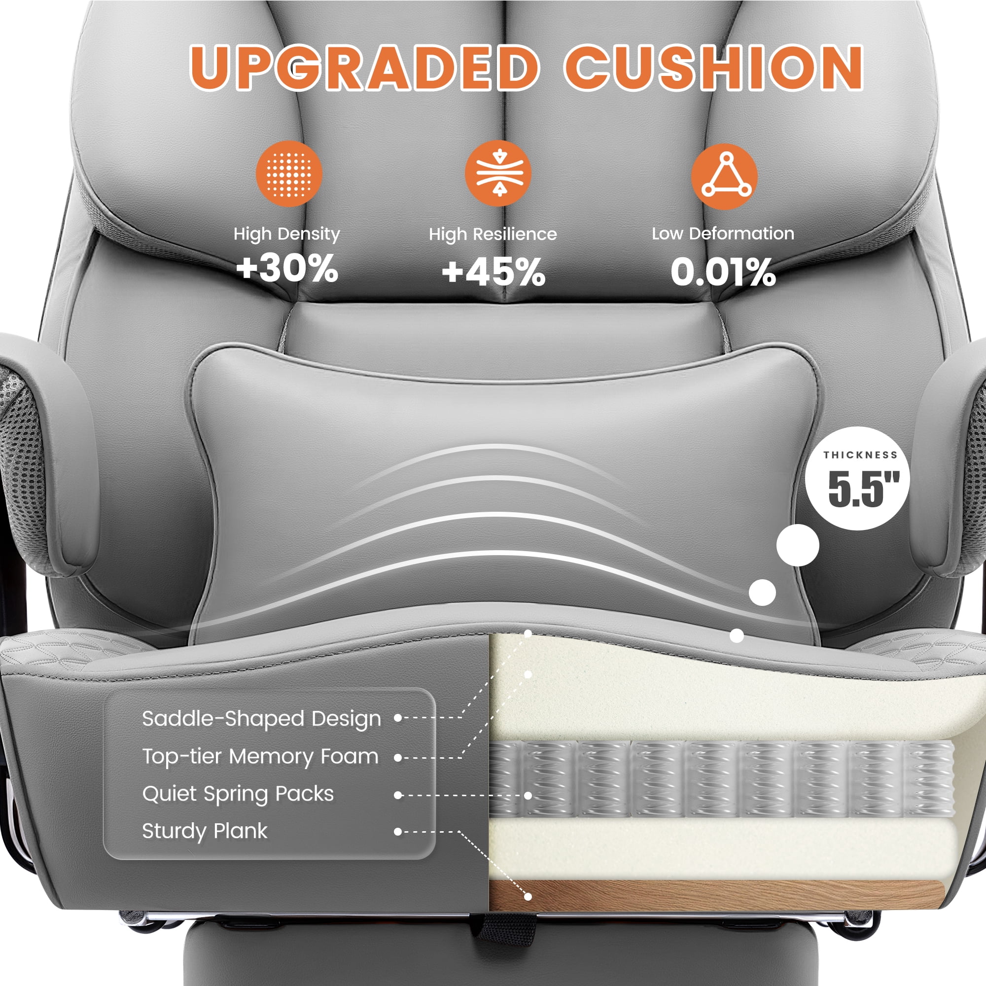 CoolHut Big and Tall Office Chair 400LBS, Adjustable Headrest Ergonomic Computer Desk Chair, Executive Leather Chair with Adjustable Armrest, High Back Office Chair Havy Duty Design, Gray