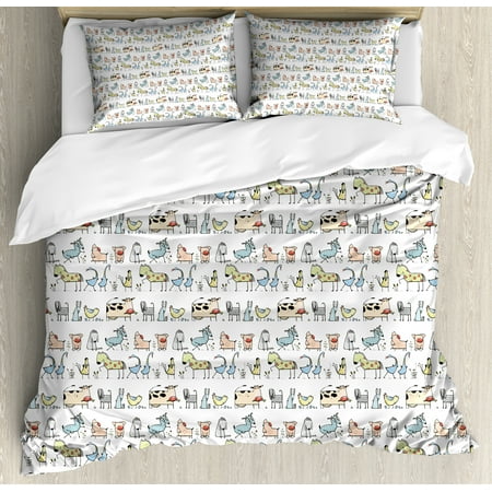 - Cartoon Animal Duvet Cover Set, Funny Cartoon Village Countryside Farmland Theme Drawing Style Kids Pattern, Decorative Bedding Set with Pillow Shams, Multicolor, by Ambesonne