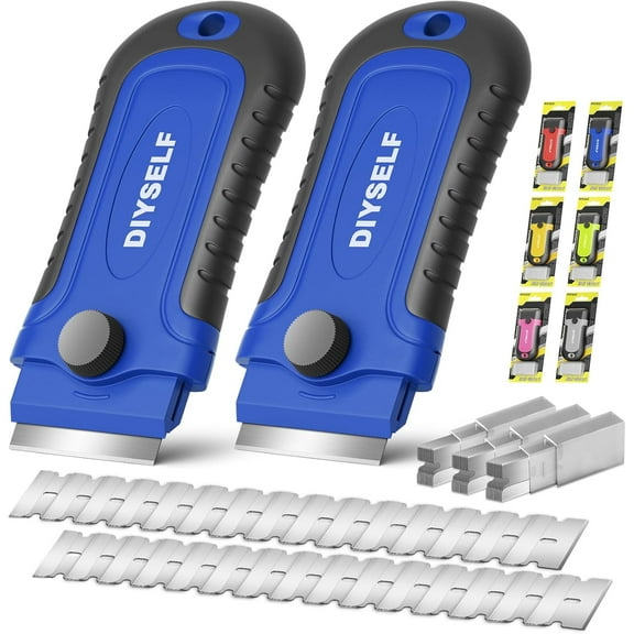 2 Pack Razor Blade Scraper with 30 Pcs Blades - Scraper Tool - Scraper for Cleaning Stove, Oven, Glass, Kitchen - Paint Scraper - Razor Scraper - Glass Scraper - Glass Stove Top Scraper