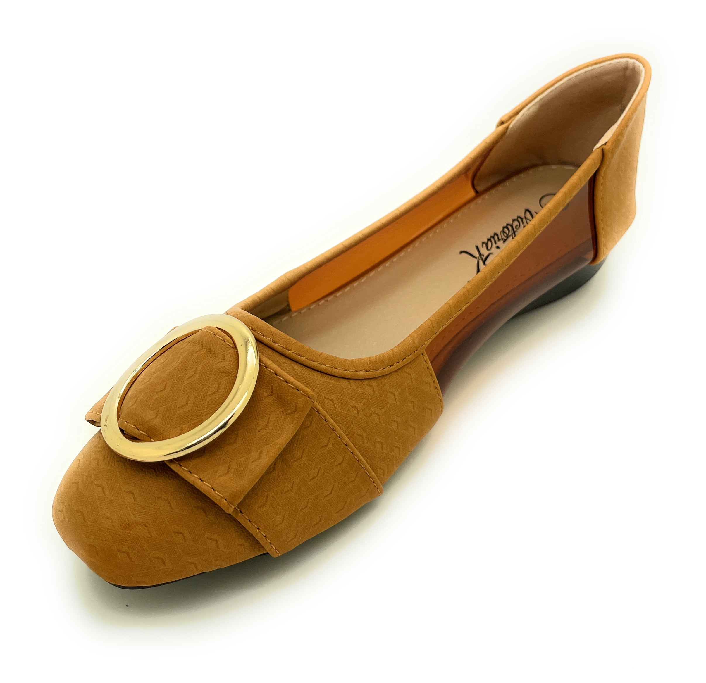 Women’s Dress Flats with Gold Buckle Accent – Square Toe Slip-On Shoes – Stylish Low Heel Comfortable Casual or Office Flats for Work, Travel, and Everyday Wear