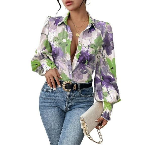 Women'S Floral Dressy Casual V Neck Button Down Shirts Lantern Long Sleeve Boho Chiffon Fall Tops Purple-Green S