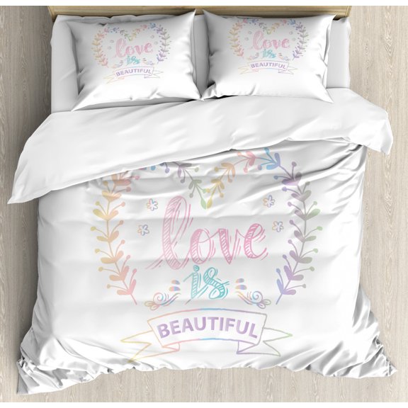 Romantic King Size Duvet Cover Set, Pastel Colored Spring Inspired Frame Branches in Heart Shape with Dreamy Look, Decorative 3 Piece Bedding Set with 2 Pillow Shams, Multicolor, by Ambesonne