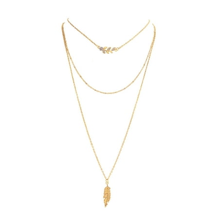 Gold Leaf Pendant Necklace (Gold Layered Chain Necklace for Women Leaf Fashion Pendant Necklace Triple Strand Statement Necklace Womens)