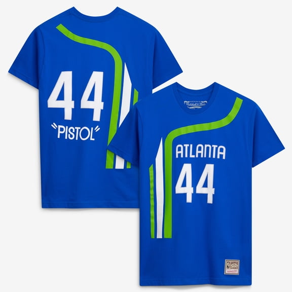 Men's Mitchell & Ness Pete Maravich Blue Atlanta Hawks Hardwood Classics Stitch Name & Number T-Shirt