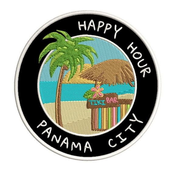 Happy Hour! Panama City, Florida 3.5 Inch Iron Or Sew On Embroidered Fabric Badge Patch Ocean Beach, Salt Life Iconic Series