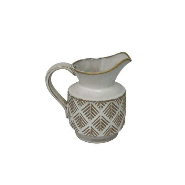 Benzara BM188842 Ceramic Decorative Pitcher with Textured Surface, White & Beige - 7.25 x 5 x 7 in.