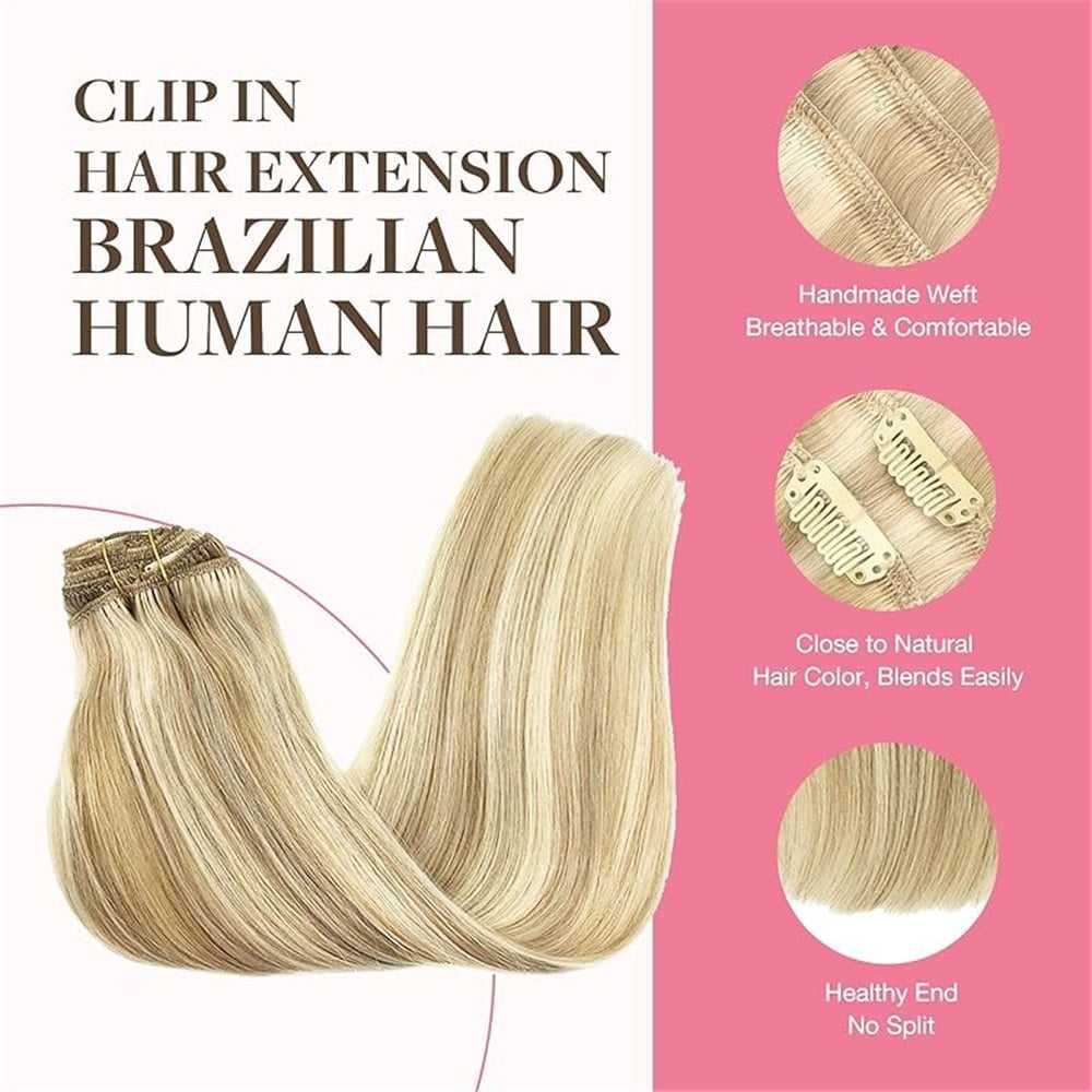 Clip in Hair Extensions Real Human Hair #8/613 One Piece Straight Remy Hair Clip in Extensions 16"-26" Seamless U Shape Double Weft Hair Extensions