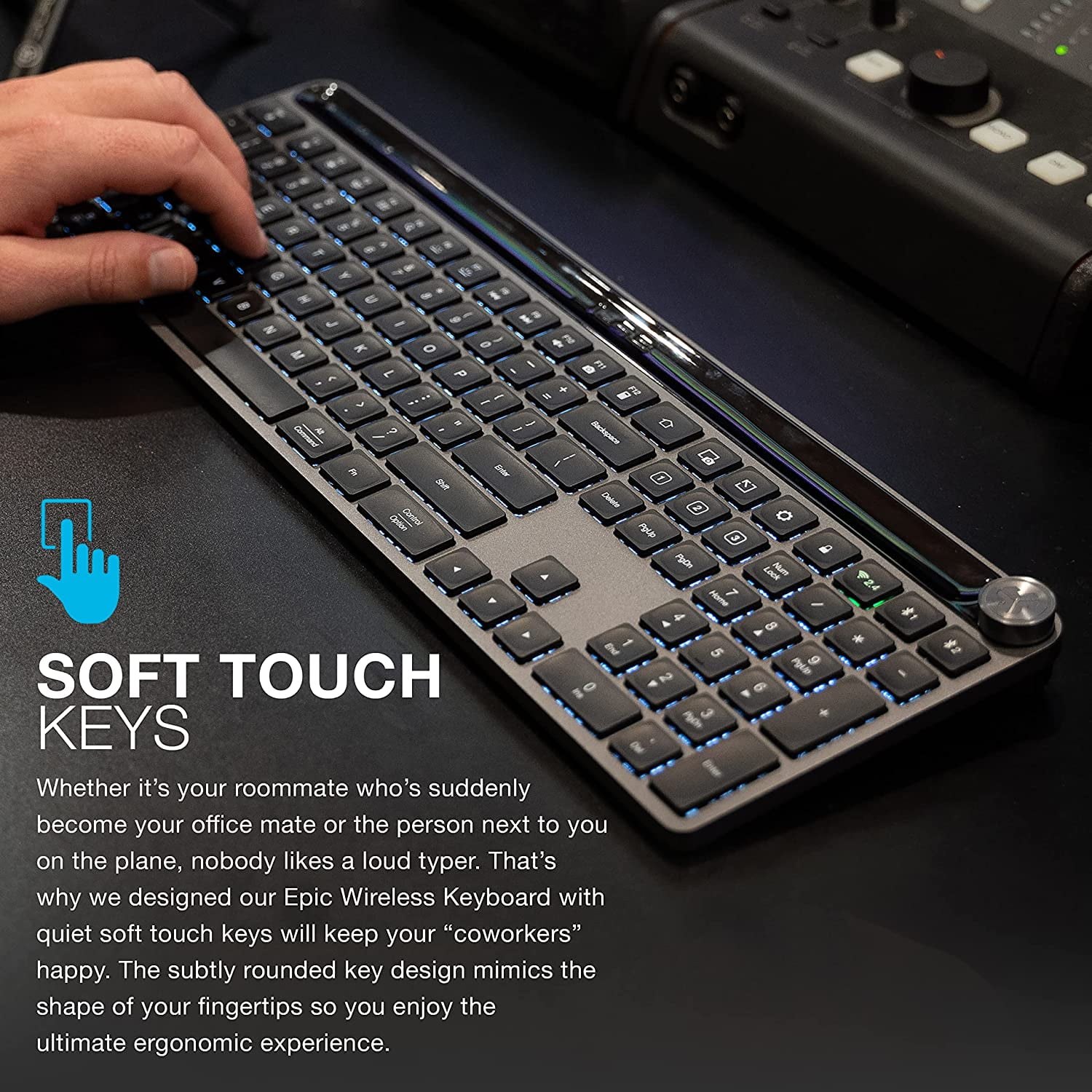 JLab Epic Keyboard, Media Volume Knob, 2.4 GHz Wireless, Bluetooth 5.2, QWERTY, Customizable Buttons, Rechargeable, iOS, PC, Android, Chome OS, Black