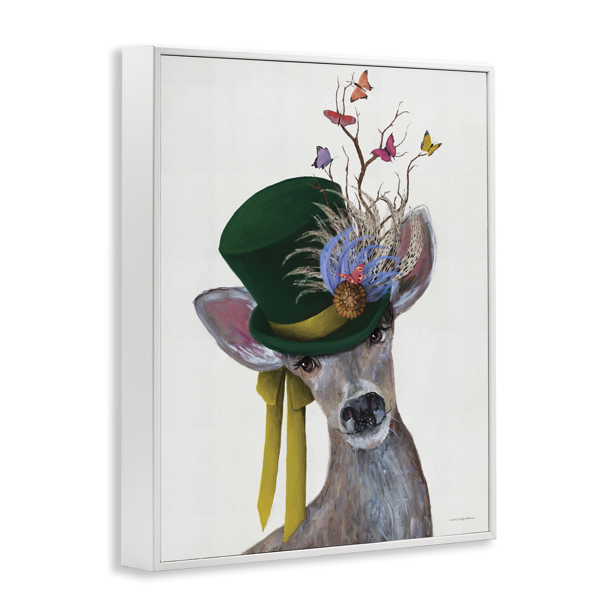 Stupell Industries Deer with Butterfly Hat Animals & Insects Painting White Framed Art Print Wall Art, 11 x 14