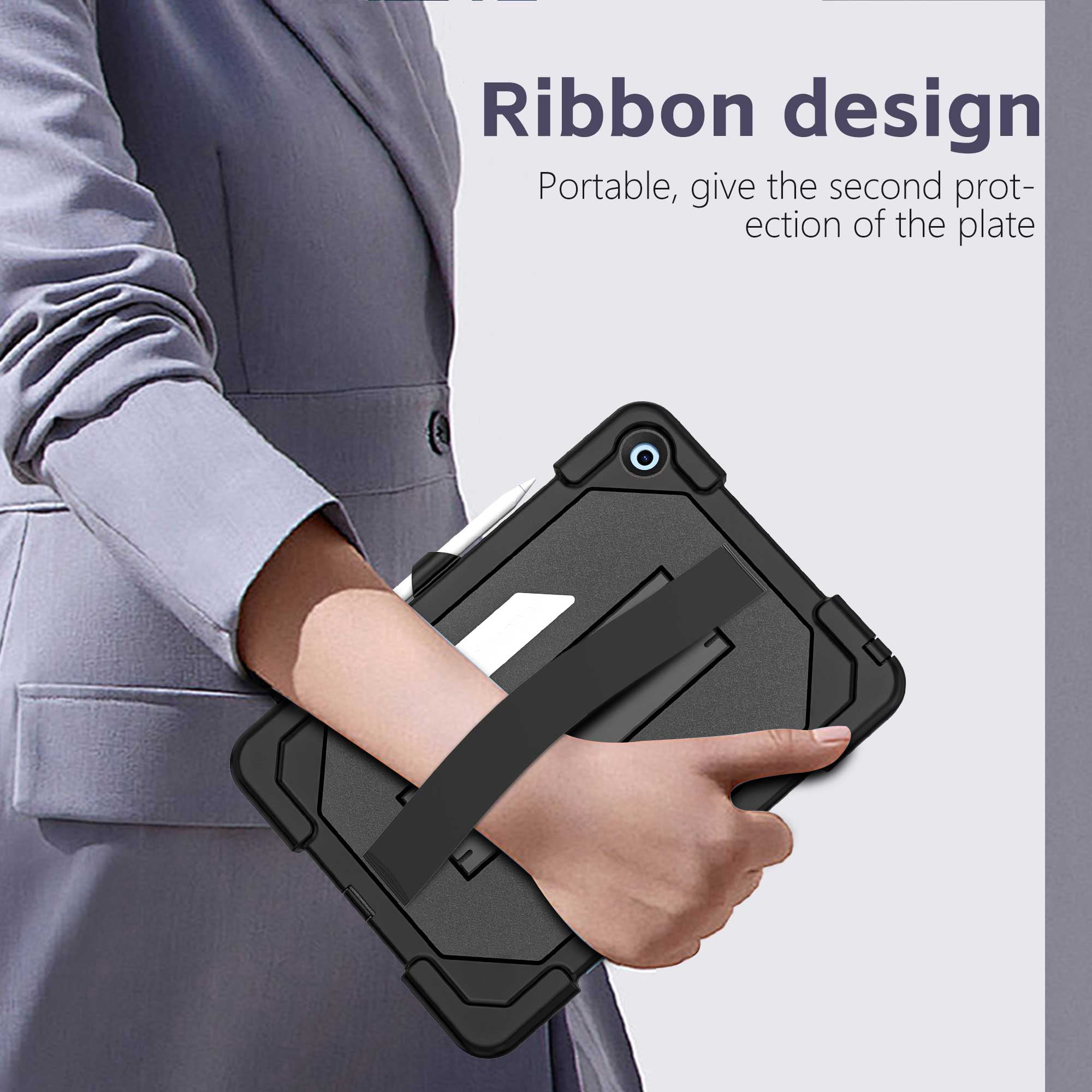 Dteck Full Body Protective Case for iPad 9th 8th 7th Generation,Shockproof TPU+PC Case Built-in Screen Protector Kickstand Hand Strap Cover with Pencil Holder for iPad 10.2" 2021/2020/2019,Black