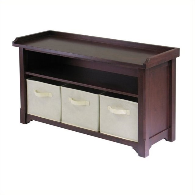Pemberly Row Banc de Rangement avec Paniers en Tissu Beige en Noyer