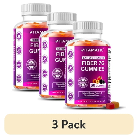(3 pack) Vitamatic Prebiotic Fiber Gummies for Adults - 7G Fiber Extra Strength - Zero Sugar Added - 60 Pectin Based Gummies - Digestive Health & Regularity Support