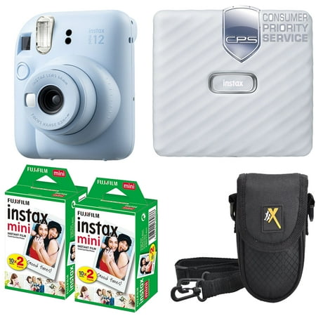 FUJIFILM INSTAX MINI 12 Instant Film Camera (Pastel Blue) + Camera Case + Mini Film White Printer Kit (2 Pack)+ 1YR WTY