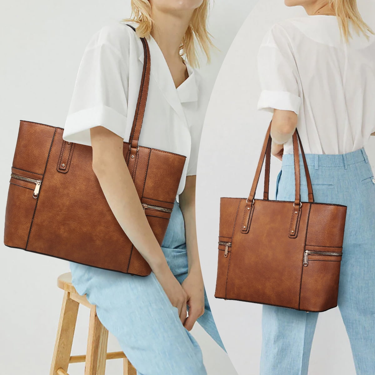 VANSARTO Women's Vegan Leather Tote Handbag Set, Brown, 3-Piece