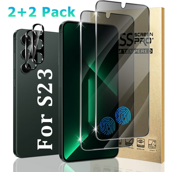 For Samsung Galaxy S23  6.1 inch Privacy Screen Protector,【Ultrasonic Fingerprint Compatible】[2 2 Pack] 9H Tempered Glass and Camera Lens Protector