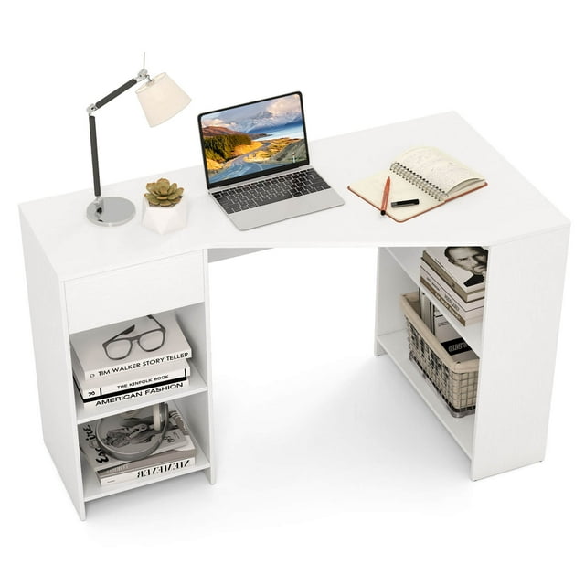 Costway Bureau d'Ordinateur en L avec Tiroir et Étagères de Rangement pour Poste de Travail de Bureau à Domicile