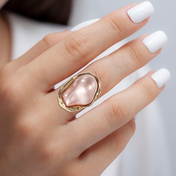 Pearl Ring for Women Adjustable Faux Pearl Finger Ring Open Vintage Statement Stacking Jewelry, Light Golden, Pink
