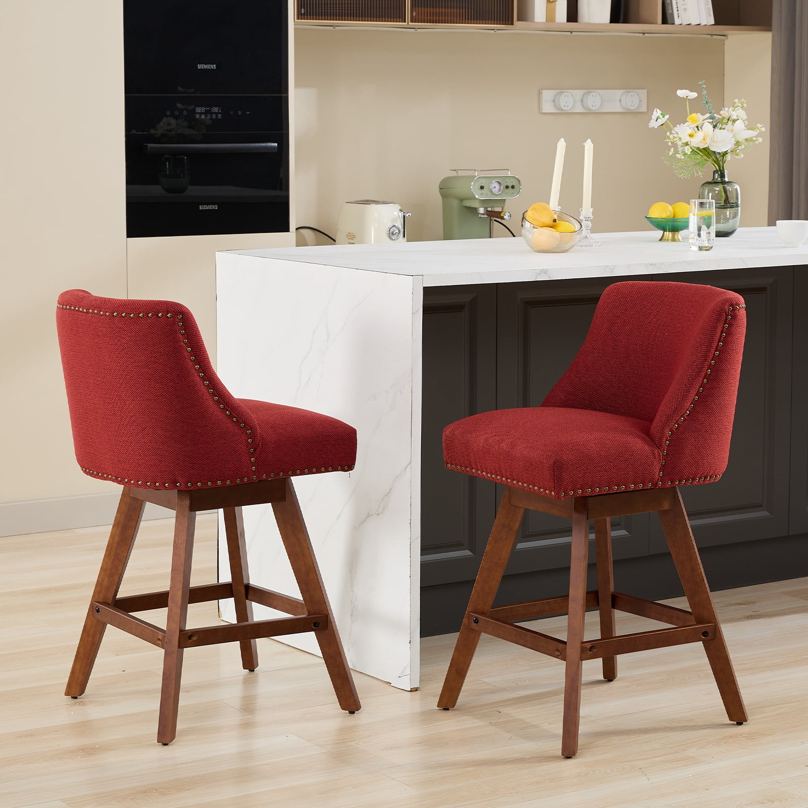 Modern Swivel Bar Stools Set of 6, Wine Red Counter Height Bar Stools with Back for Kitchen Island, Fabric Upholstered Island Chairs with Wood Legs, Barstool Chairs, Sillas para Barra de Cocina