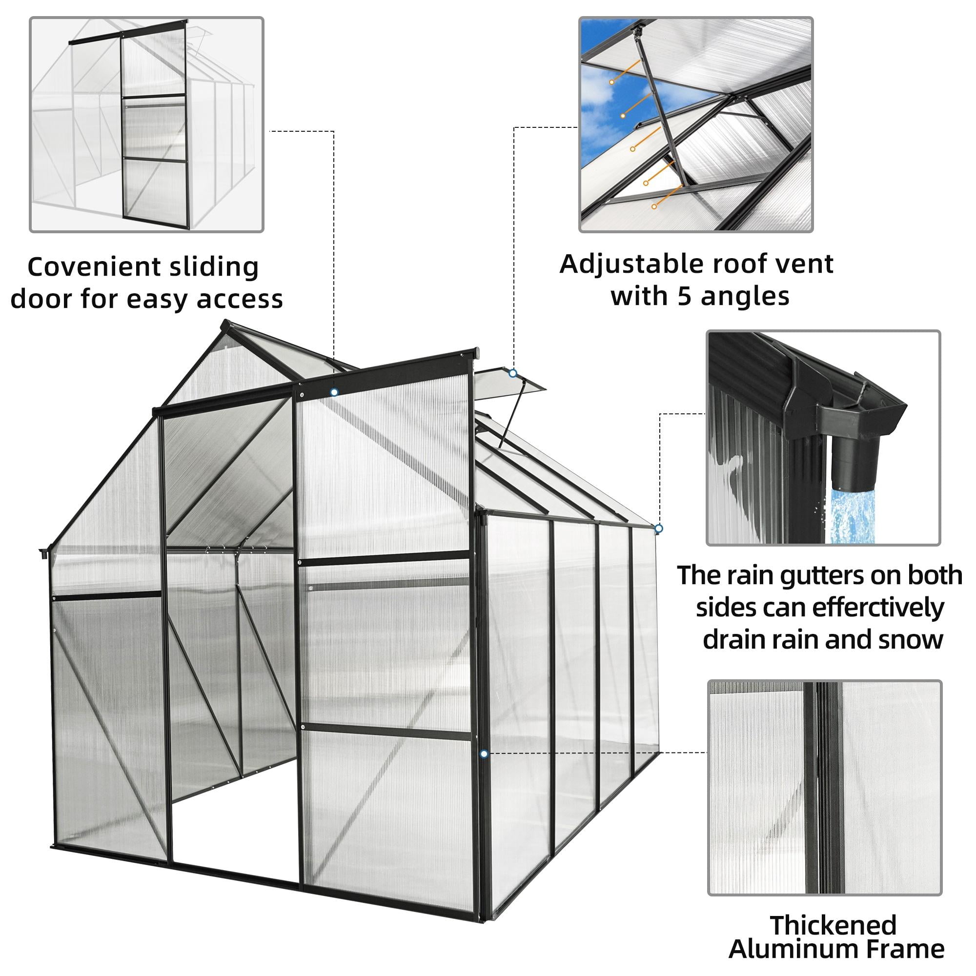 Walk-in Green House for Outisde, Seizeen Heavy Duty Polycarbonate Greenhouse with Aluminum Frame, Raised Base, Skylight, Sliding Door, 6x8FT