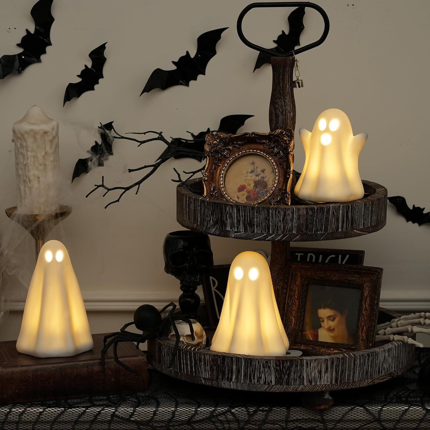 Light Up Ceramic Ghost Decorations with Timer for Halloween Indoor Display