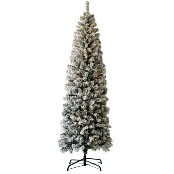 6.5 ft Pencil Christmas Tree Prelit, Partially Flocked & Frosted Skinny Xmas Tree with PVC Branch Tips, Lights, Foldable Stand, Full and Realistic Appearance for Christmas Decor